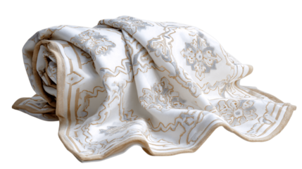 A elegant decorative throw blanket, white background --ar 16:9