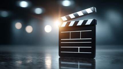 A cinematic clapperboard on a reflective surface in a studio setting.