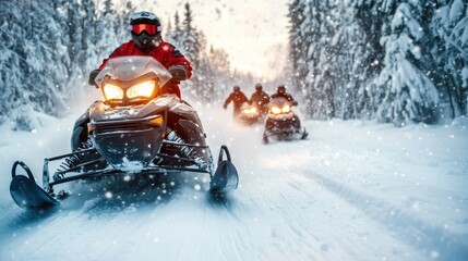 A thrilling scene of snowmobiles racing through a snowy forest, showcasing the excitement and speed of winter sports in a breathtaking winter wonderland setting.