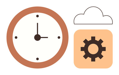 Analog clock, cloud, and gear design for time management, cloud computing, productivity, optimization, workflow, task organization and innovation. Ideal for simple flat metaphor