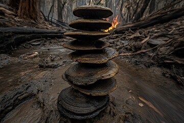 Stacked Mushrooms by Creek After Bushfire Nature s Resilience