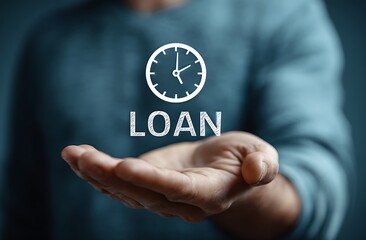 Vibrant photo of man holds out his hand with the word "LOAN" and an icon of coins on it, next to which is also visible a digital clock. The background color is a dark blue or.