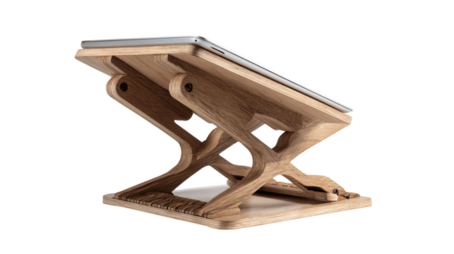 A foldable wooden desktop stand, white background --ar 16:9