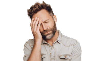 Frustrated man touching forehead with closed eyes isolated on transparent background. Emotion of stress, burnout, regret, headache, mental fatigue, mistake, emotional tension.