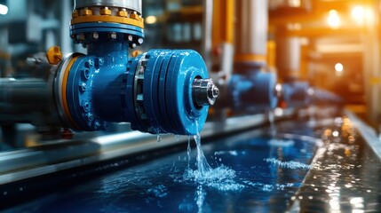 A close-up of industrial machinery with water flowing, showcasing the intersection of technology and nature, highlighting innovation, efficiency, and the beauty of engineering.