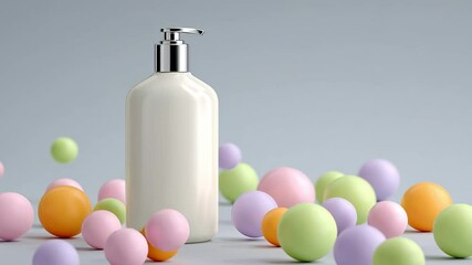 Elegant white cosmetic bottle with pump dispenser, surrounded by colorful spheres in pastel shades, creating a vibrant and playful atmosphere ideal for beauty product marketing and branding - Powered by Adobe