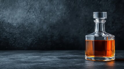 A beautifully crafted glass decanter filled with rich amber liquid, showcasing its fine design against a textured dark background, perfect for a classy setting or occasion.
