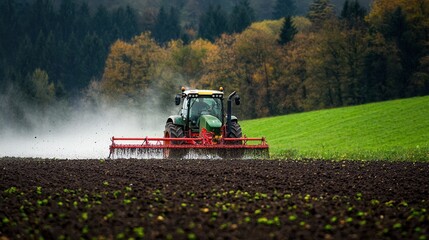 Fototapeta premium A tractor is driving across a field, leaving a trail of dust behind it.
