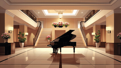 Elegant grand piano in luxurious hotel lobby with staircase and floral decorations