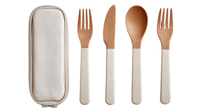 A natural travel cutlery set, white background --ar 16:9