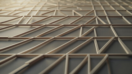 Abstract architectural structure crafted from wooden beams with a modern geometric pattern and depth