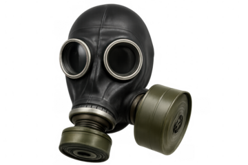 Gas mask with filter, providing respiratory protection against hazardous materials, isolated on transparent background
