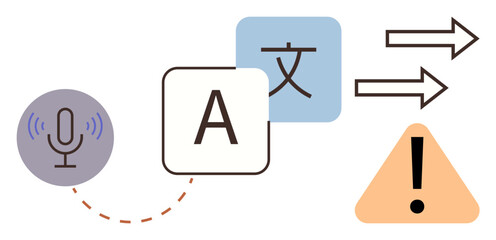 Microphone, language symbols, double arrows, and alert triangle visualizing translation, communication, language learning, global connectivity, accessibility technology and problem-solving. A