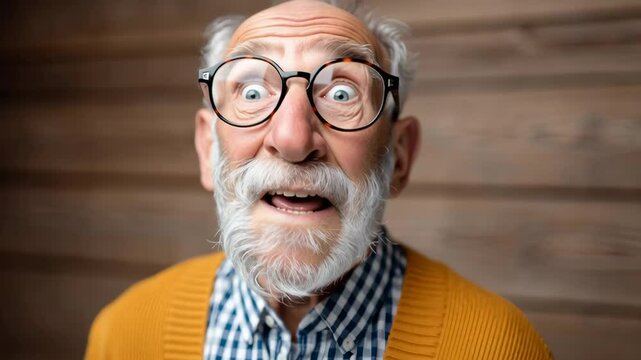 Elderly man with glasses and white beard, wearing orange cardigan, expresses surprise and joy, showcasing vibrant emotions against a rustic wooden background, capturing the essence of happiness and ex