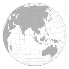 Grey world orthographic map with grid line view point on Asia  and Australia area. Vector Map Illustration.