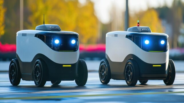 Two delivery robots on a city street, with a blurred background of trees and buildings.