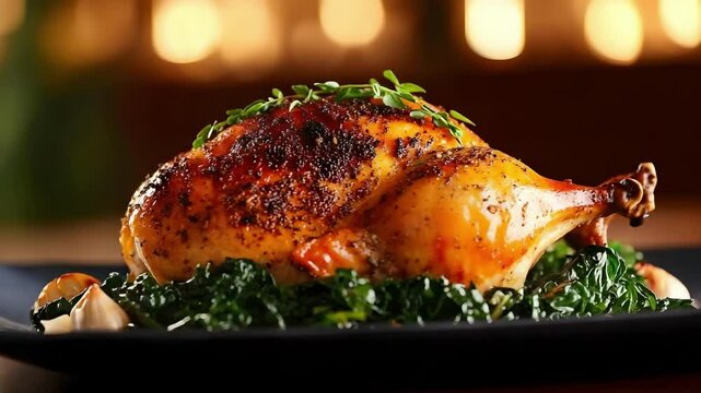 A roasted chicken seasoned and garnished, served on a bed of saut&eacute;ed greens, with garlic cloves beside it.