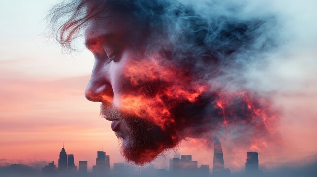 A thought-provoking double exposure of a person's profile and a fiery urban landscape, symbolizing the inner conflict and emotional depth within a modern cityscape.