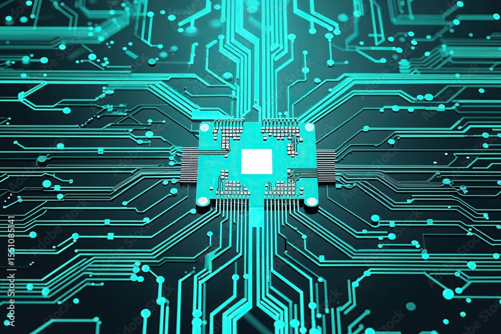 Poster radiant turquoise circuit network background vector design for next generation quantum computing tec