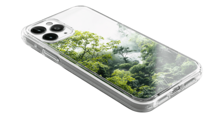 A sustainable transparent phone case, white background --ar 16:9