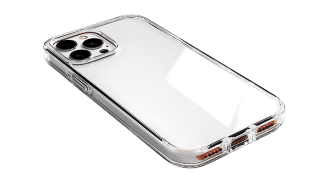 A transparent leather phone case, white background --ar 16:9