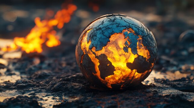 A globe illuminated with fiery colors represents a world in turmoil. This creative concept symbolizes the urgent call for action on climate change. Generative AI