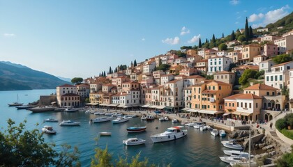 Fototapeta premium Scenic Elevated View of Assos Harbour in Kefalonia – Colorful Houses, Azure Waters, and Charming Architecture in the Idyllic Ionian Greek Island Landscape