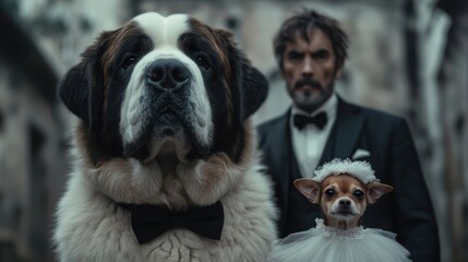A majestic St. Bernard stands proudly beside a small Chihuahua dressed for a wedding, capturing the whimsical charm of love and companionship in an unconventional way.