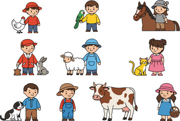 Cartoon farm kids with animals, cute children playing with pets, rural life, countryside illustration, domestic animals, farm vector art

 flat vector illustration