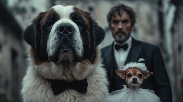 A majestic St. Bernard stands proudly beside a small Chihuahua dressed for a wedding, capturing the whimsical charm of love and companionship in an unconventional way.