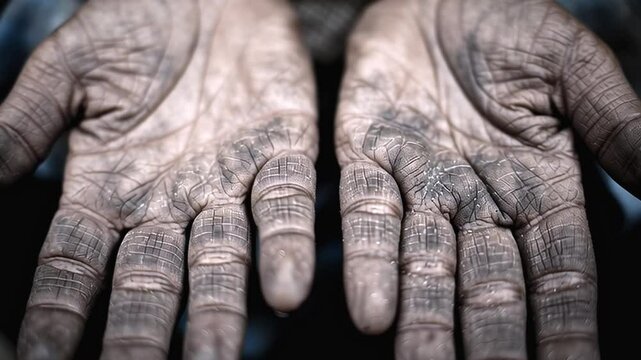 Worker showing dirty hands, a symbol of poverty and hard work