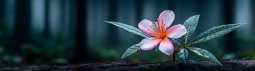 Pink flower in a misty forest