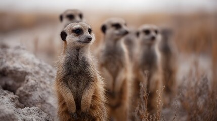 Fototapeta premium A group of meerkats standing alert in an arid desert with termite mounds