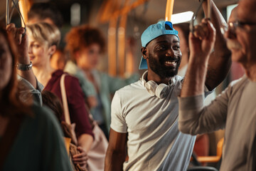 Man in a white t-shirt standing on a bus