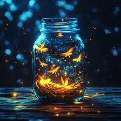 Fireflies in a Jar. AI generated   high resolution   for isolate image