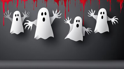 Spooky Halloween Ghosts with Bloody Drip Design Illustration Paper Cutout Style Scary Festive Background