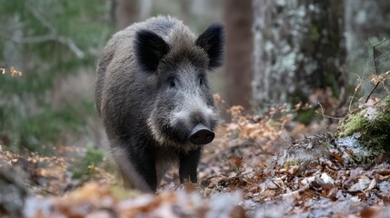 Wild boar foraging on the forest floor among leaf litter