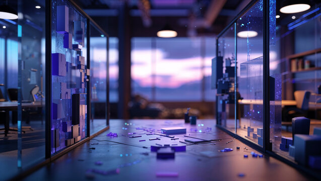 Futuristic office interior illuminated with neon lights with data visualization and modern workspace concepts