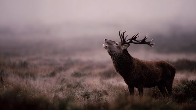 A majestic red deer stag calling in the morning fog of a temperate meadow