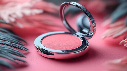 elegant coral blush compact open with mirror on coral background