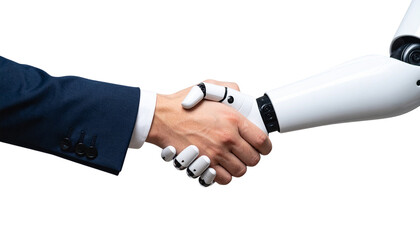 Close-up of engineer and android shaking hands isolated on white background.