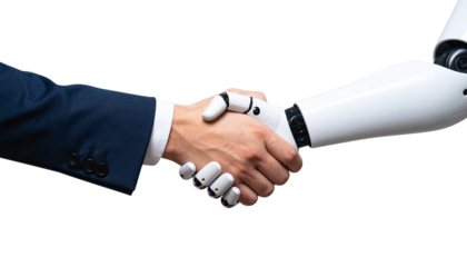 Close-up of engineer and android shaking hands isolated on white background.
