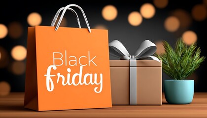 Orange shopping bag, gift box, and small plant for Black Friday sale