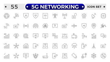 5G networking icons set. Set of communication tower, satellite dish, antenna, 3G, 4G network, wifi access point, pigtail, LTE usb modem, mast, signal, sim card, internet router, optical fiber.