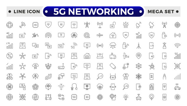 5G networking icons set. Set of communication tower, satellite dish, antenna, 3G, 4G network, wifi access point, pigtail, LTE usb modem, mast, signal, sim card, internet router, optical fiber.