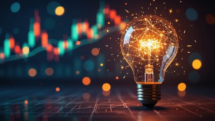 Illuminated light bulb symbolizing innovation and growth against a blurred financial stock market chart background