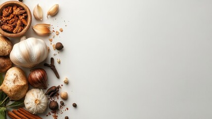 Obraz premium An artful arrangement of fresh culinary ingredients, including garlic, mushrooms, and spices, ideal for showcasing the essence of cooking, creativity, and gastronomy.