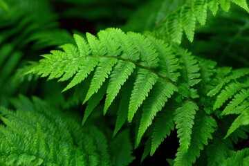 Fern fronds detailed view of green pinnate leaves with sharp triangular leaflets