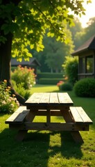 Naklejka premium Rustic wooden picnic table, sun-drenched garden , old, image