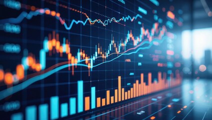 Dynamic financial market data displayed on a futuristic digital screen with upward trends